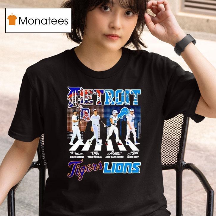 Detroit City Skyline Legends Walking Across Detroit Tigers And Detroit Lions Signatures Shirt