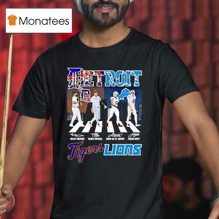 Detroit City Skyline Legends Walking Across Detroit Tigers And Detroit Lions Signatures Shirt