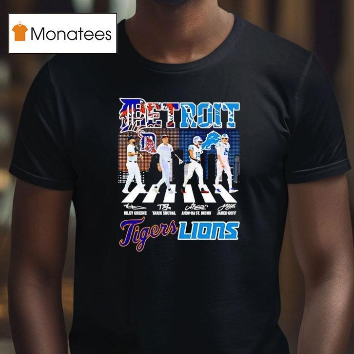 Detroit City Skyline Legends Walking Across Detroit Tigers And Detroit Lions Signatures Shirt