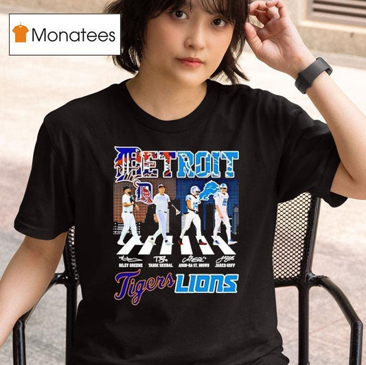Detroit City Skyline Legends Walking Across Detroit Tigers And Detroit Lions Signatures Shirt