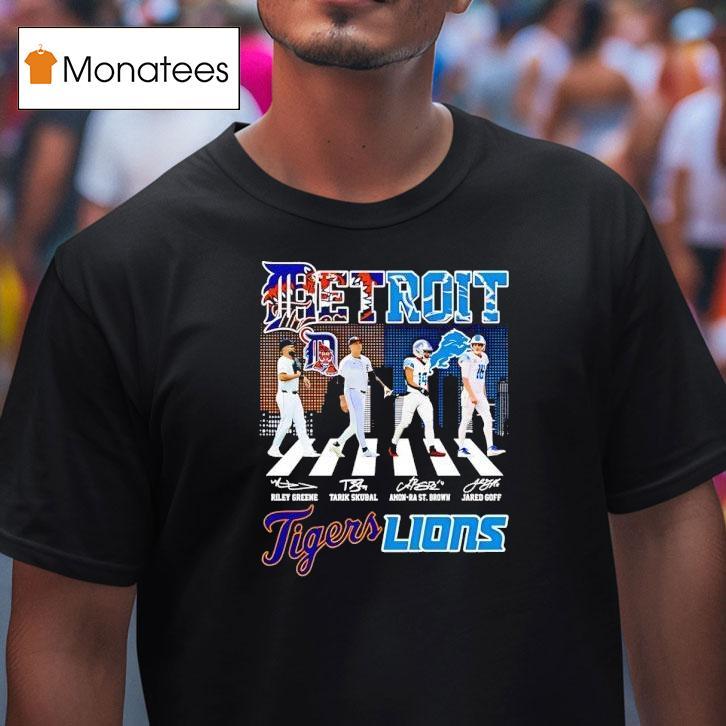 Detroit City Skyline Legends Walking Across Detroit Tigers And Detroit Lions Signatures Shirt