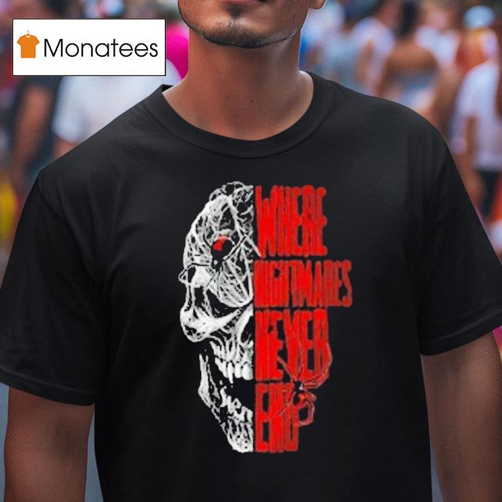 Where Nightmares Never End Knott's Scary Farm Spider Skull Shirt